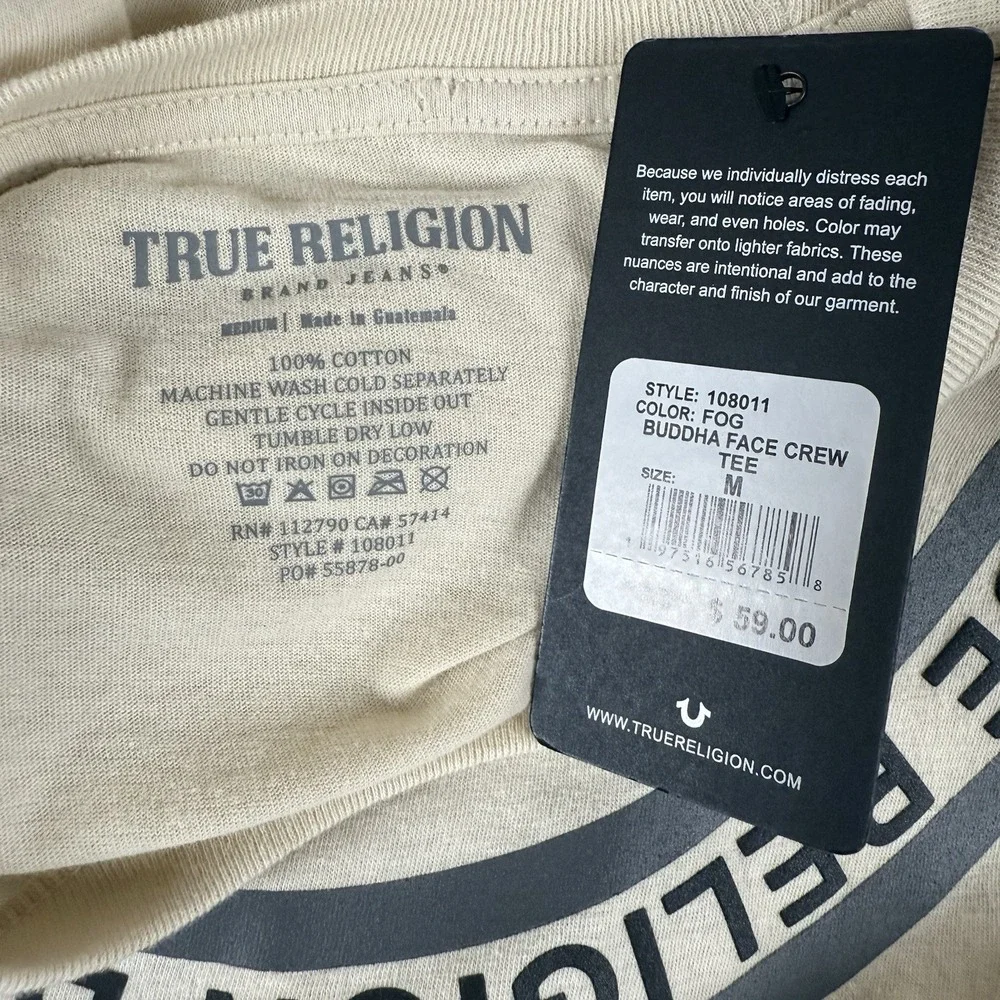True Religion Buddha Face SS Crew Neck T-Shirt Mens Medium Fog-Beige NWT $59